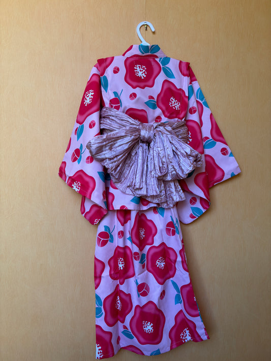 7~8 ans ★ Robe yukata fille – Ensemble 3 pièces : robe, veste kimono et ceinture 🎀