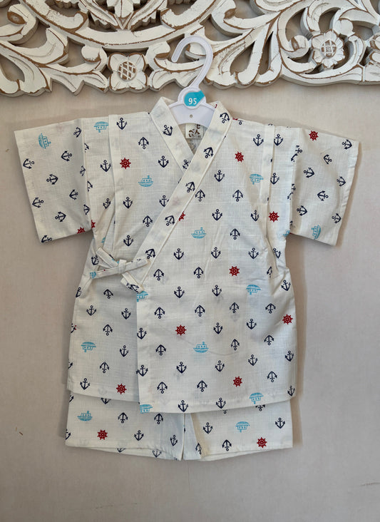 ensemble de jinbei veste et short, motif marin, ancre bleu marine sur fond blanc, garçon