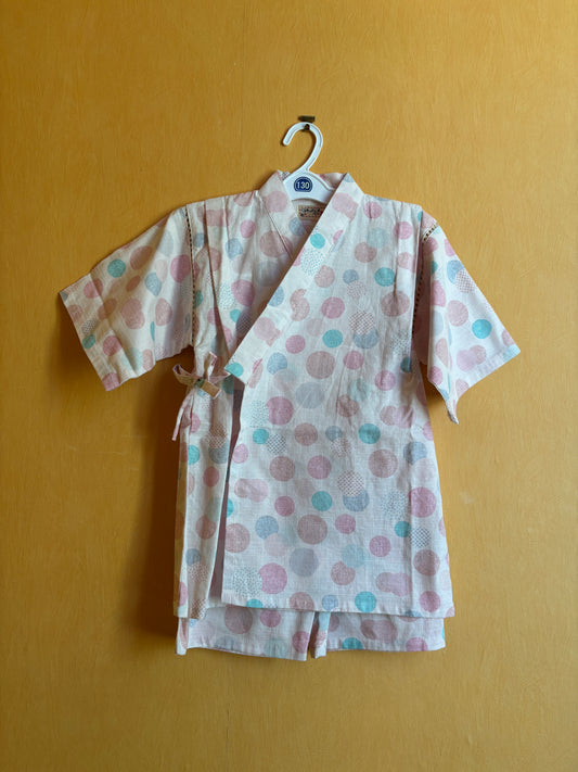 jinbei style pyjama, motifs géométrique bleu et rose, fille