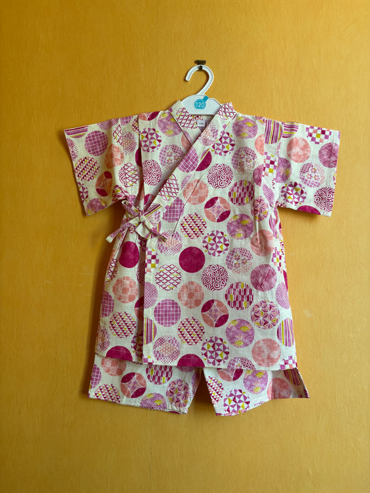 jinbei style pyjama, motifs géométrique rose, fille
