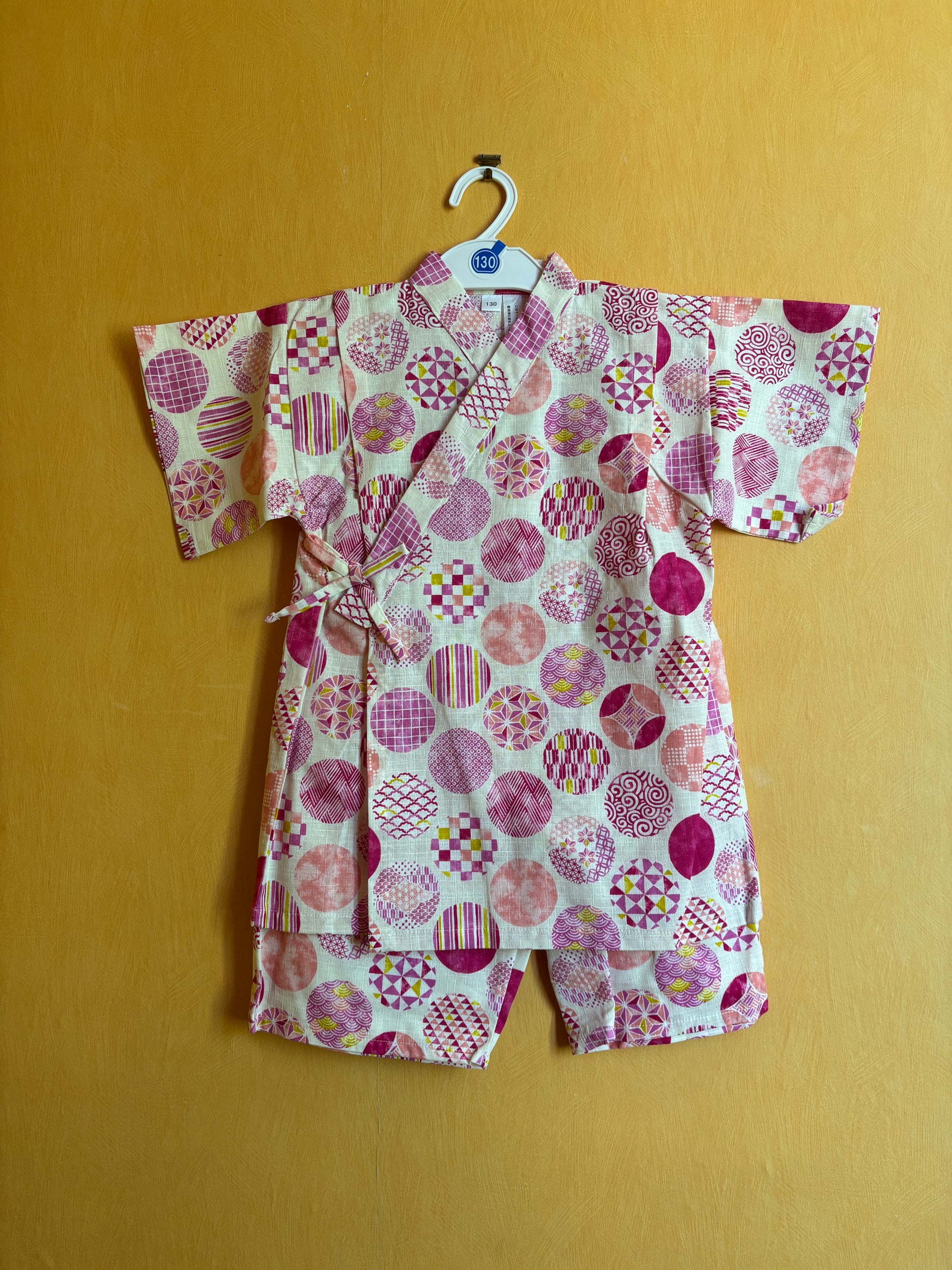 jinbei style pyjama, motifs géométrique rose, fille
