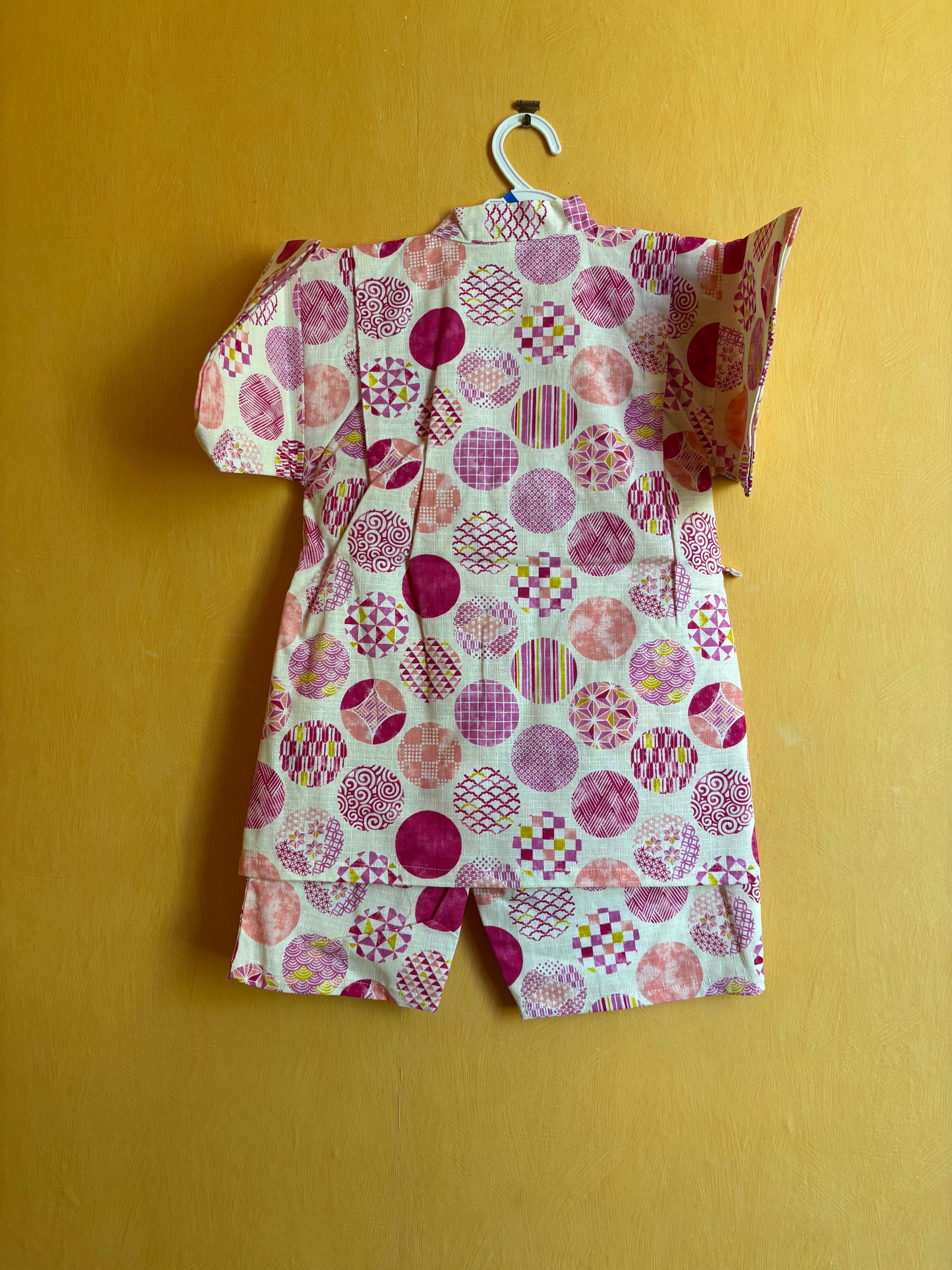 jinbei style pyjama, motifs géométrique rose, fille