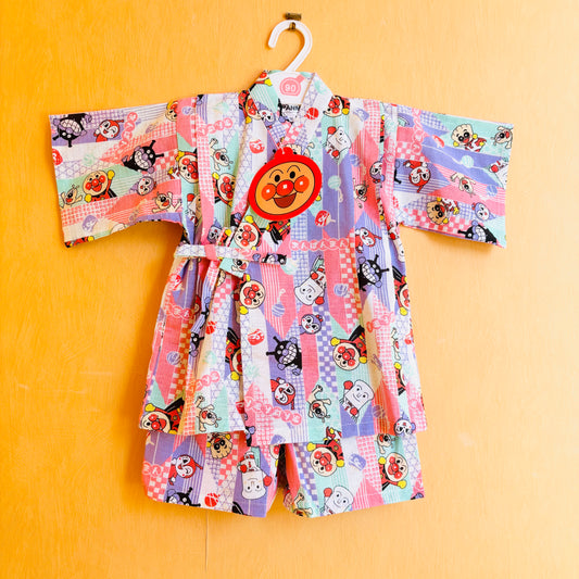 ensemble de jinbei veste et short, super héro anpanman, couleur vert violet et rose, unisexe