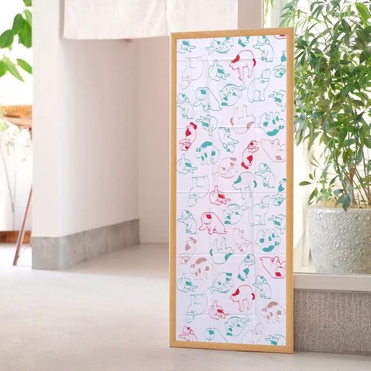 tenugui, similaire à poster, motifs chats rouge et vert sur fond blanc